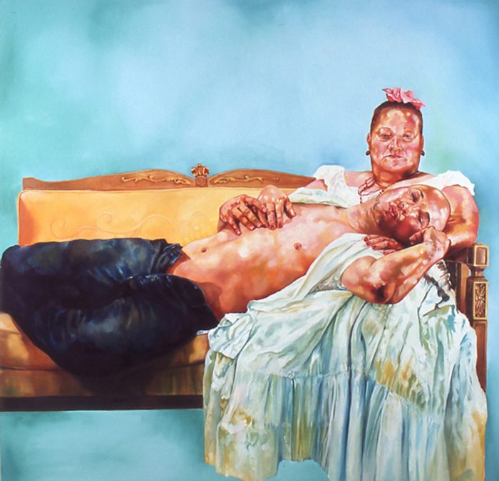 Painting of a shirtless man lying on a couch, resting his head on an older women