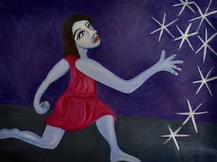 Painting of a blue woman wearing a read dress throwing jacks against a purple background
