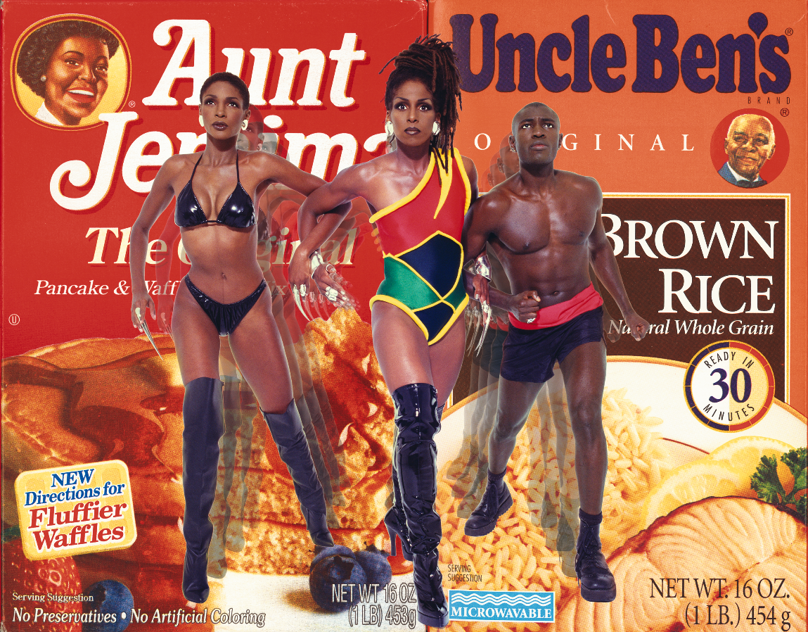 A black woman superhero rescues another black woman and a black man, representing Aunt Jemima and Uncle Ben, from their servitude