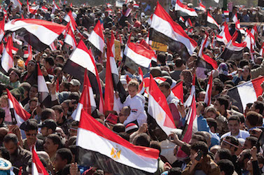 A photograph of a protest in Tahrir Square