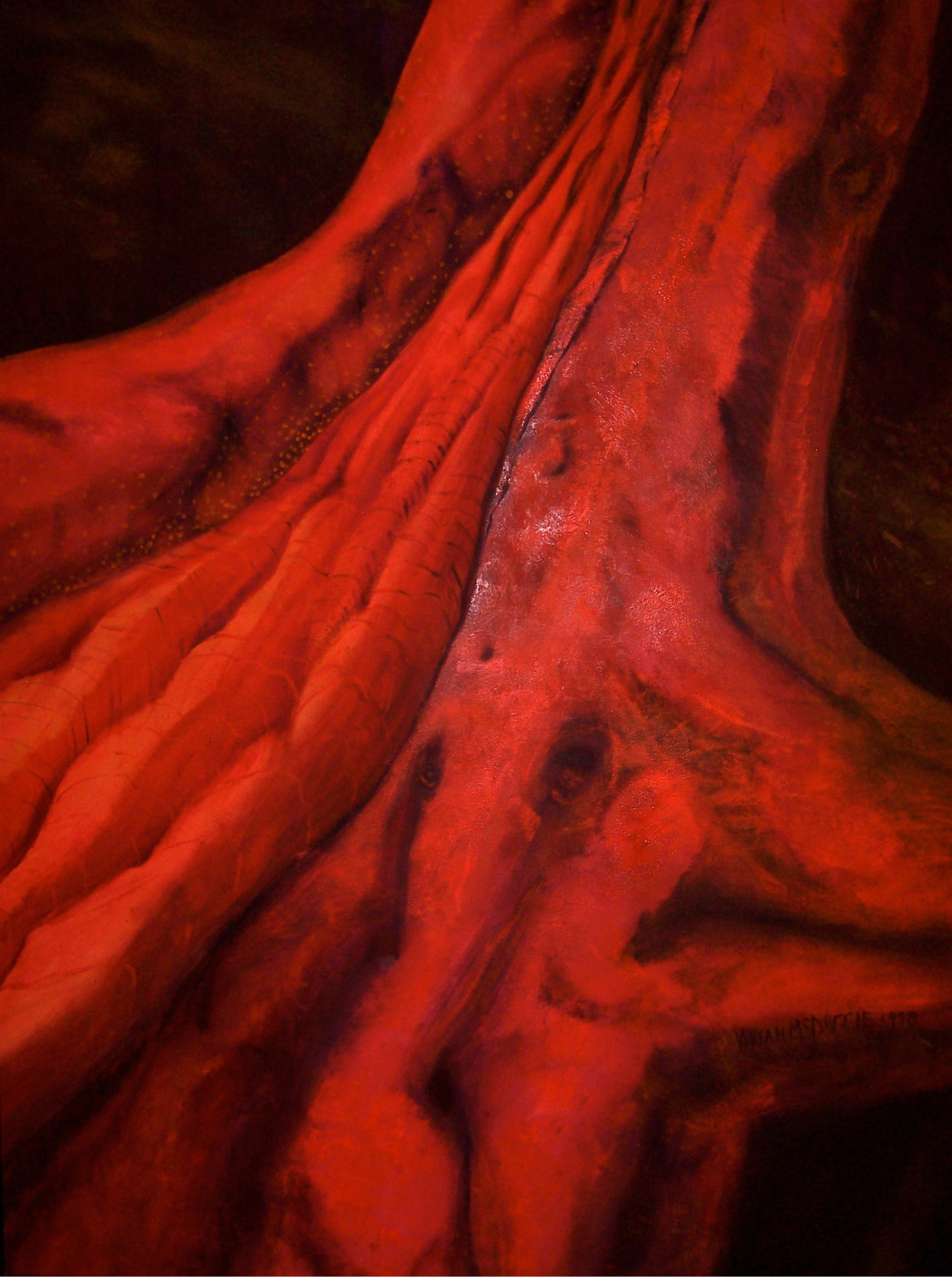 Painting of a tree trunk in red with a dark background