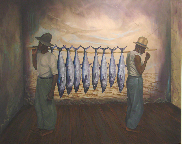 Painting of two men carrying 8 fish on a long, slender piece of wood