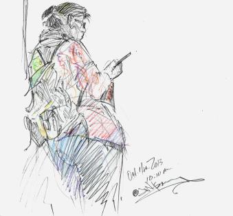 Sketch of a subway rider leaning against a pole