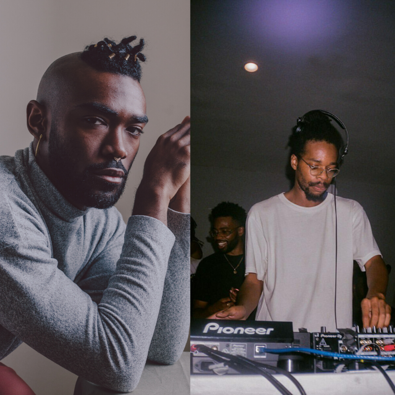 photo collage, left portrait of Khari Johnson Ricks in a grey turtleneck straing at the camera. Right photo DJ Tah in a white t-shirt looking down at DJ equipment.