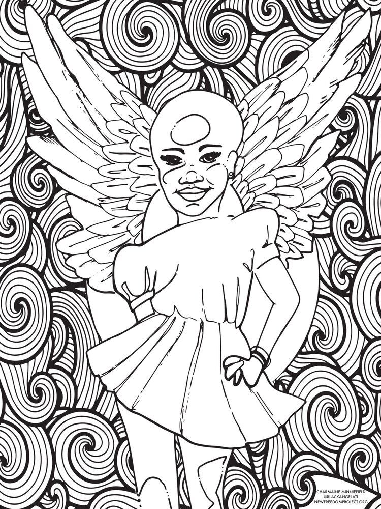 A coloring page in black and white, depicting a fairy against a swirling background