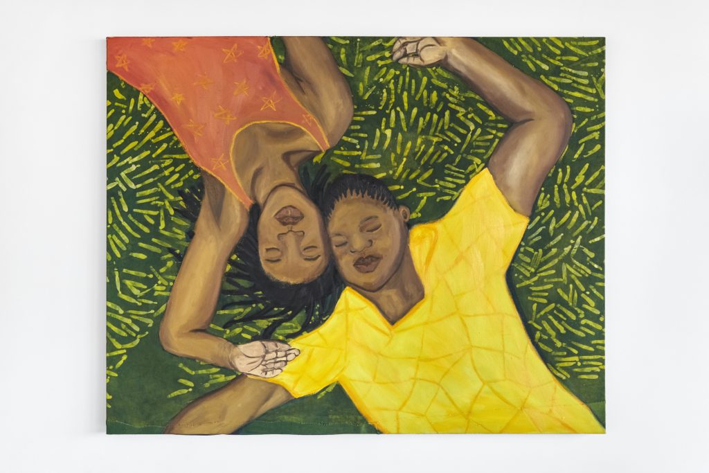 A painting of two Black women lying in the grass.
