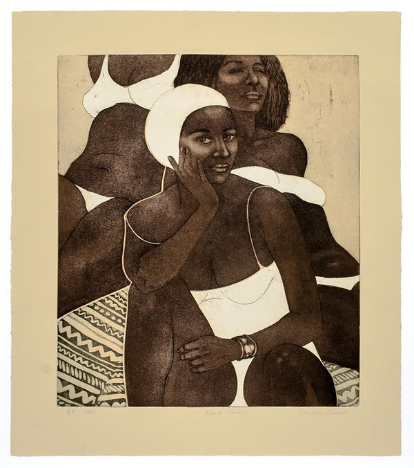 An etching depicting three Black women at the beach.